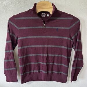 Polo Ralph‎ Lauren Men' Medium 1/4 Zip Maroon Gray Striped Pullover Golf Rugby